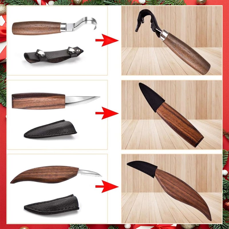 WAYCOM 12pcs Wood Whittling Kit Wood Carving Tools Set Hook Carving Knife,Detail Wood Knife,Whittling Knife Cut Resistant Gloves Leather Sheath And Bamboo Present Box For Spoon,Bowl,Cup - Image 5
